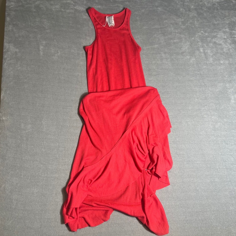 Free People Red Ribbed Knit Racerback Asymmetrical Ruffle Maxi Dress XS/S